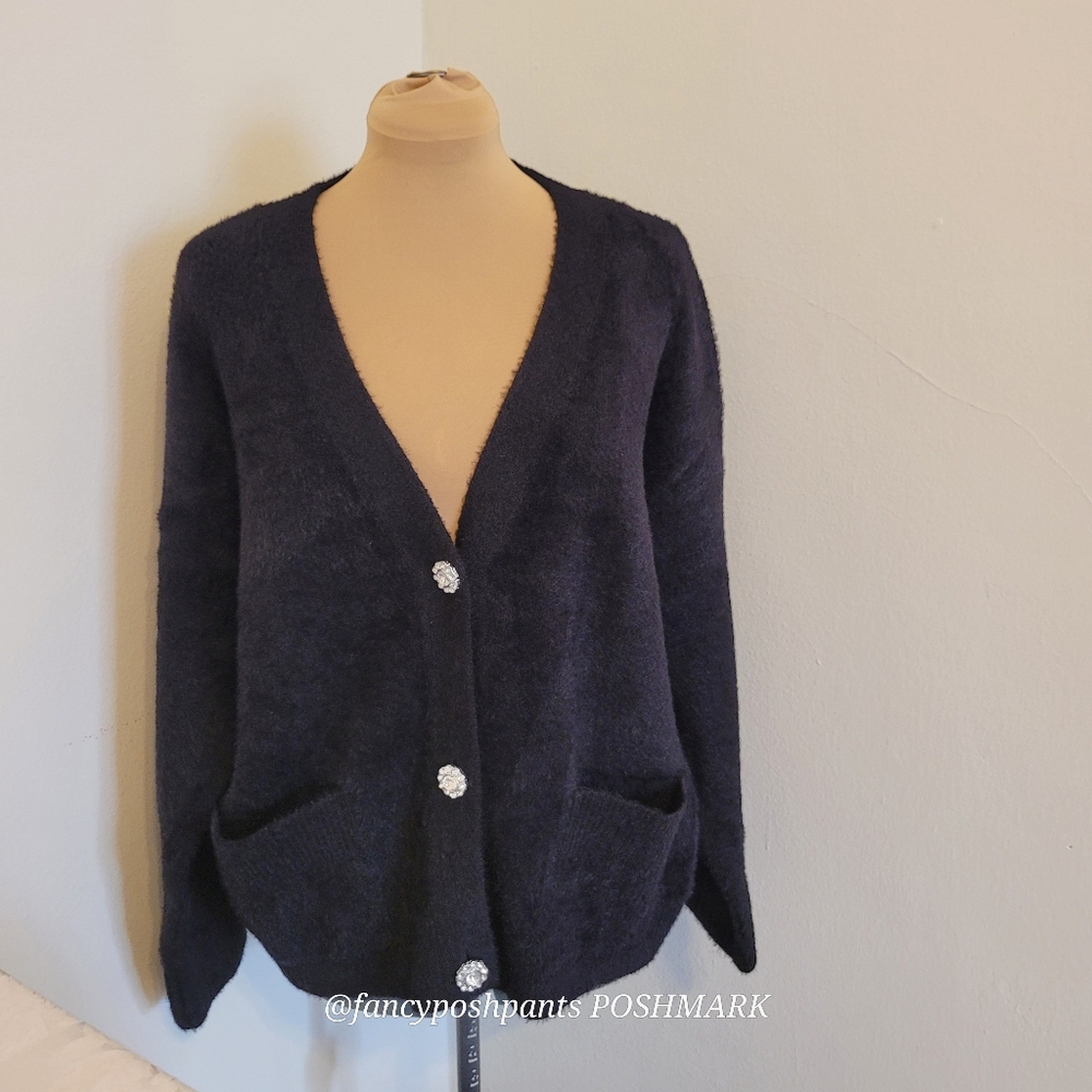 new! Black lux faux mohair boxy Vneck cardigan Liz Claiborne sweater rhinestone - Picture 15 of 17